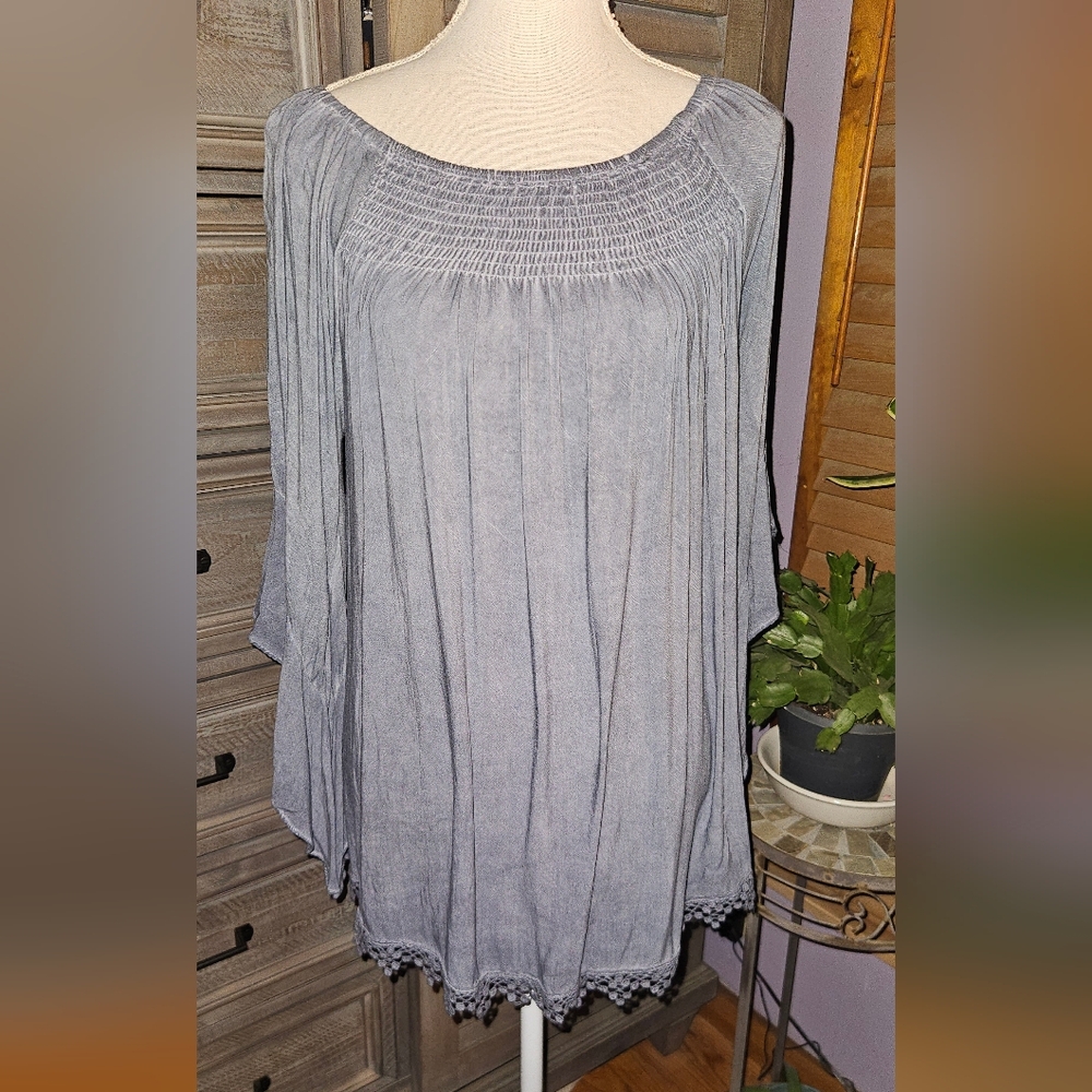 Elegant Blue Gray Women's Tunic With Darted Bell Sleeves & Gathered Neckline